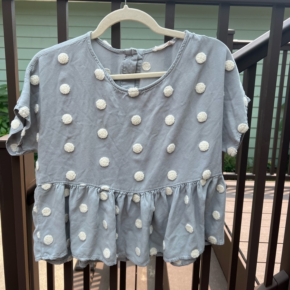 Altar’d State Women’s Adorable Polka Dot Cream & Blue Top Size S with Buttons